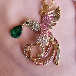 Rhinestone Phoenix Bird Gold Tone Necklace